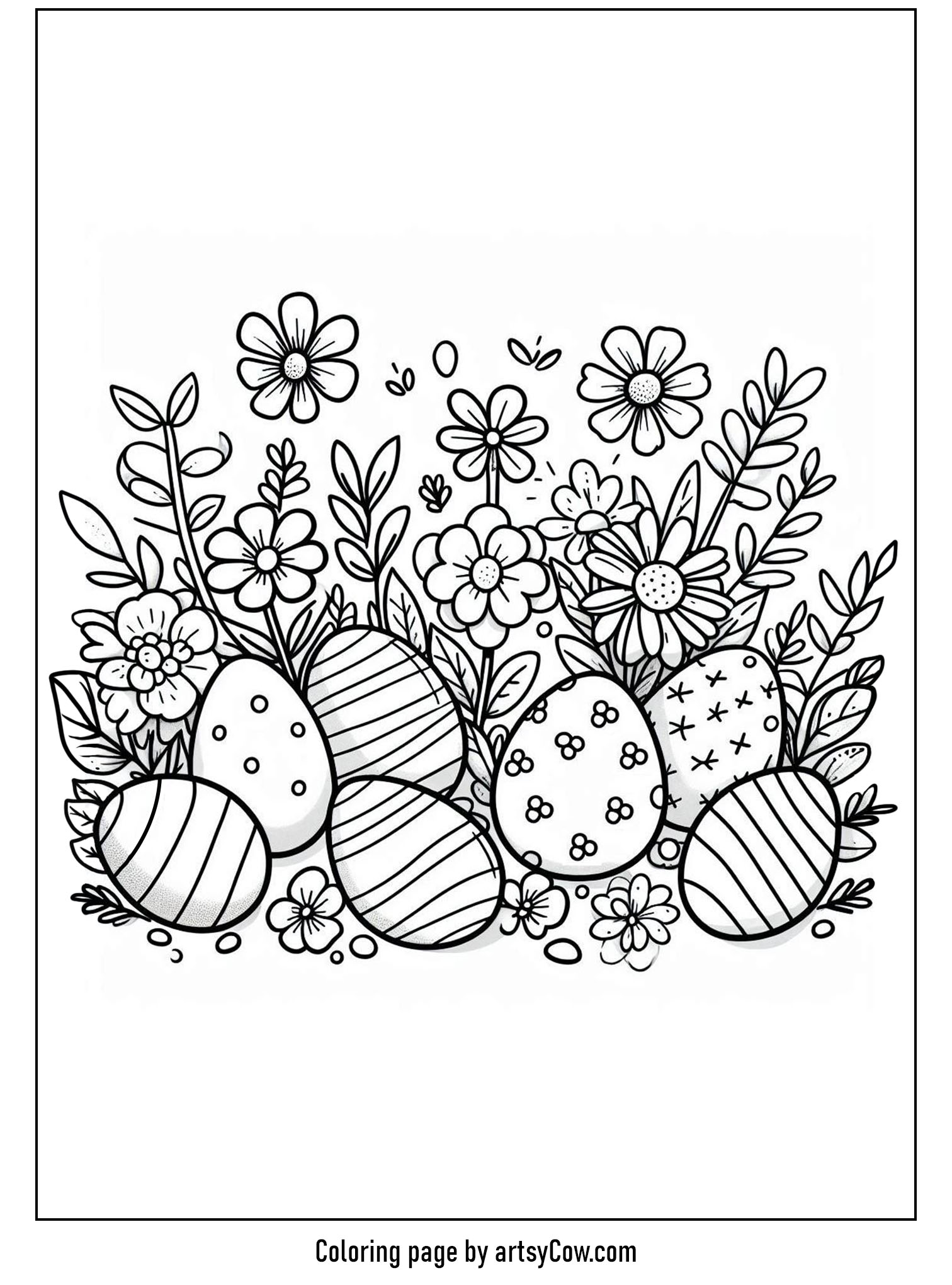 Easter Egg Coloring Pages featuring a whimsical collage of decorated eggs surrounded by blooming flowers and leaves.